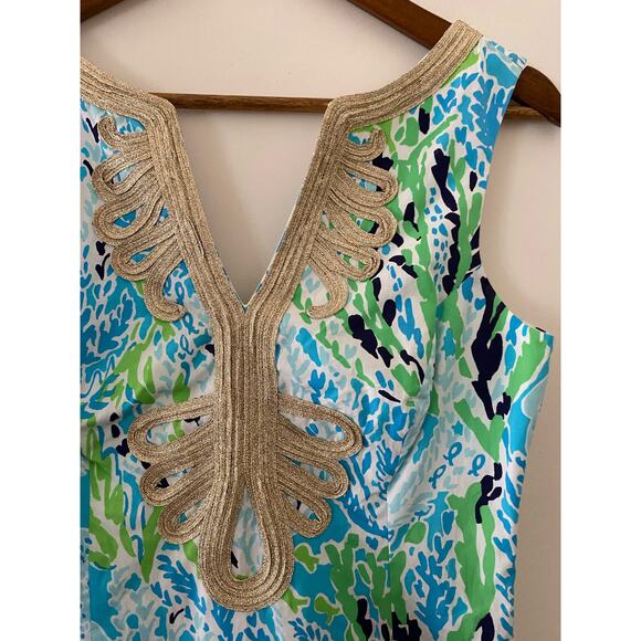 Lilly Pulitzer Janice Blue Green Gold Sheath Shift Dress 2 Flaw Minor - Picture 4 of 10